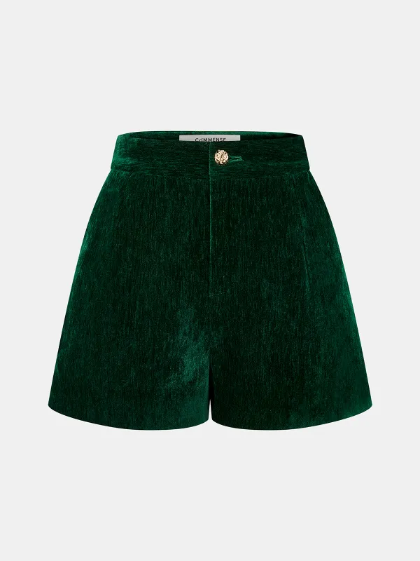 Velvet Metal-Button Mid-Waist Shorts sold by COMMENSE