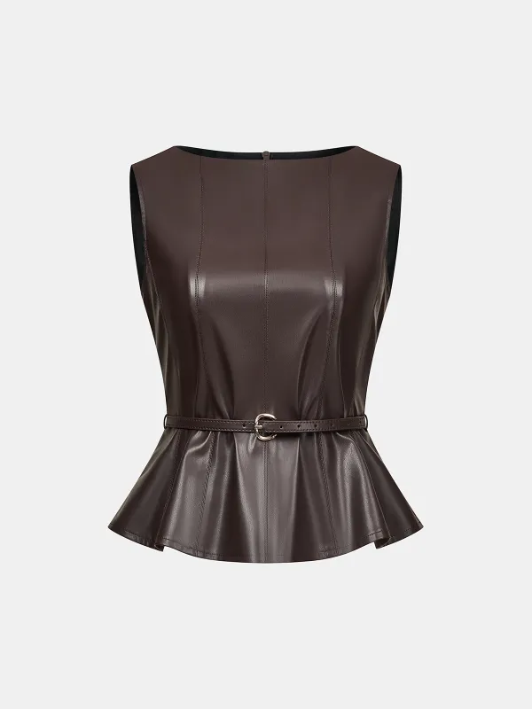 Belted Faux Leather Top sold by COMMENSE