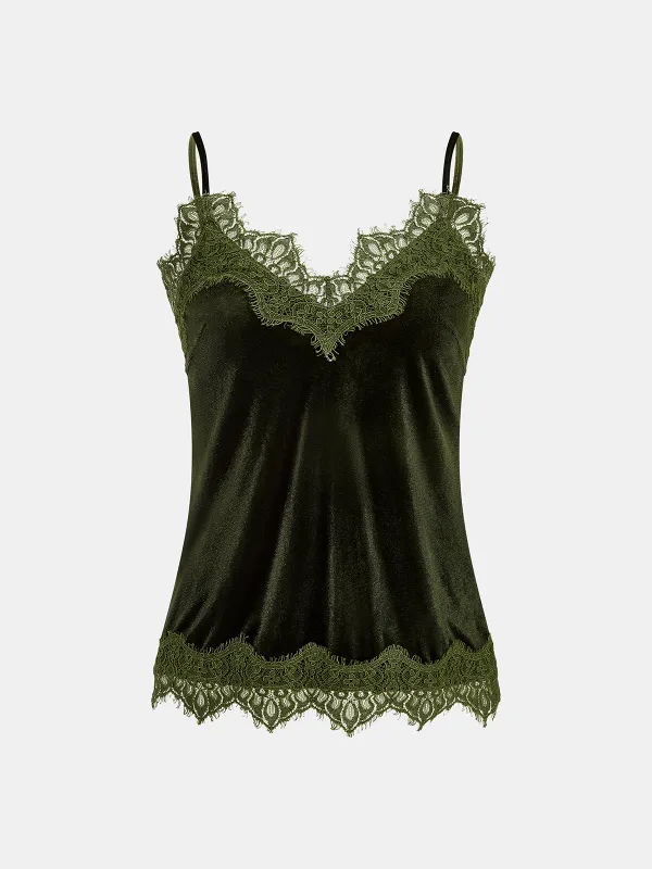 Lace Trim Velvet Cami Top sold by COMMENSE