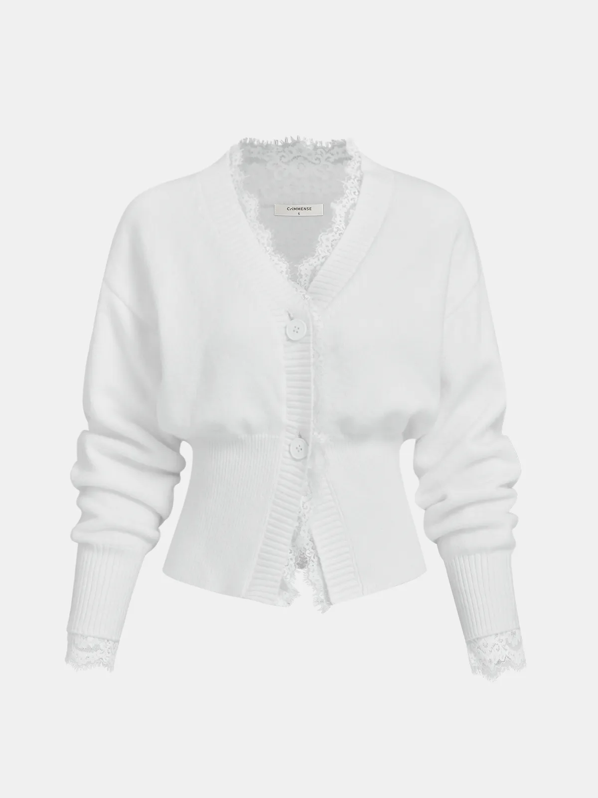 Lace Trim Buttoned Cropped Knit Cardigan sold by COMMENSE product image thumbnail 2