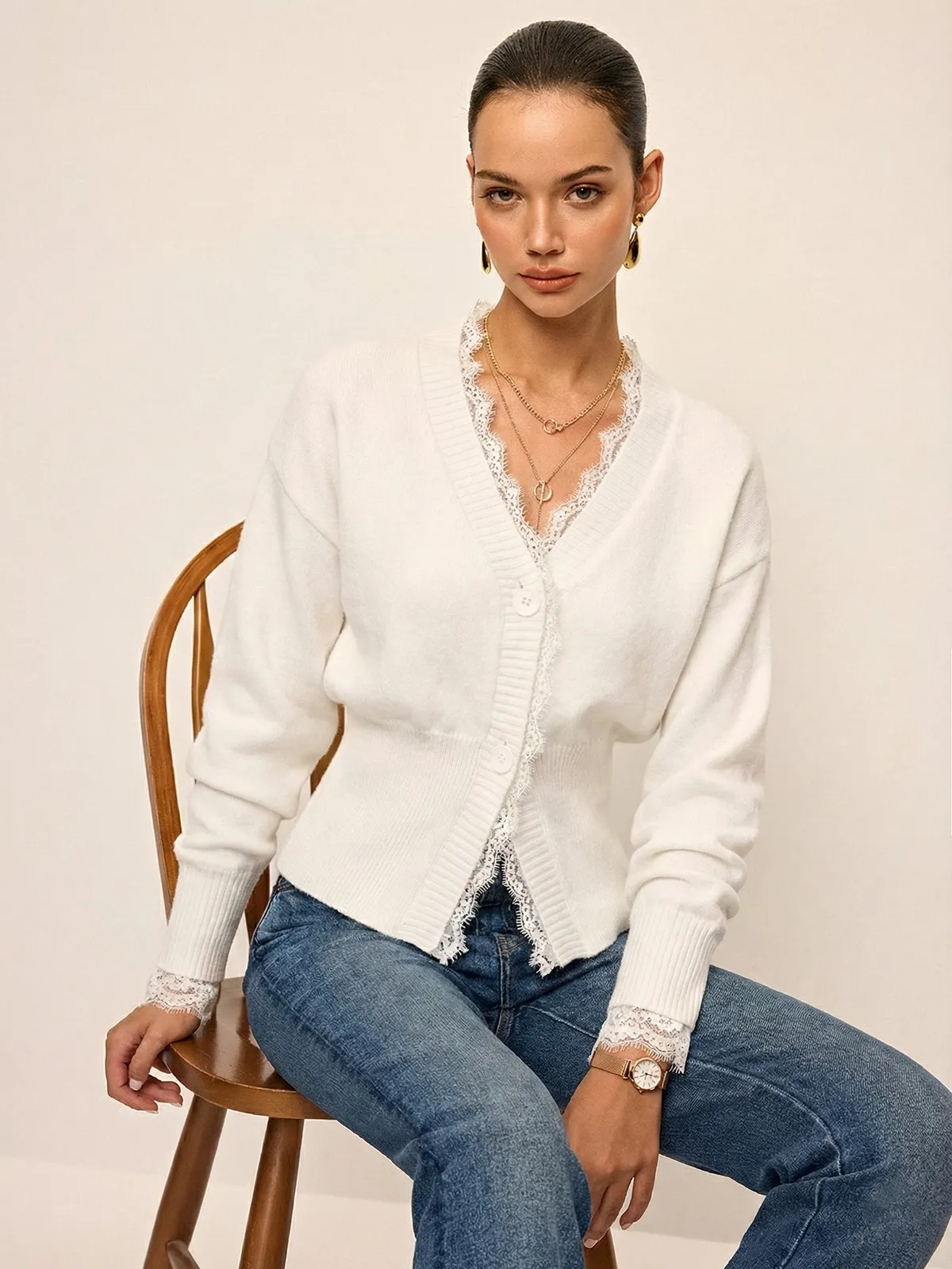 Lace Trim Buttoned Cropped Knit Cardigan sold by COMMENSE