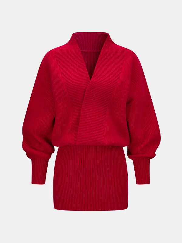 Wrap V-Neck Ribbed Knit Mini Dress sold by COMMENSE