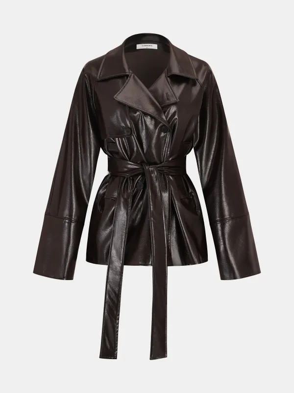 Belted Faux Leather Trench Coat sold by COMMENSE