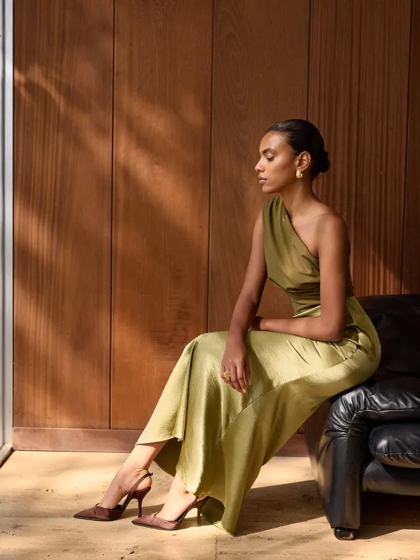 Satin One-Shoulder Ruched Maxi Dress sold by COMMENSE