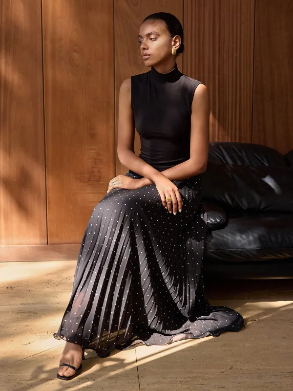 Turtleneck Polka-Dot Pleated Maxi Dress sold by COMMENSE