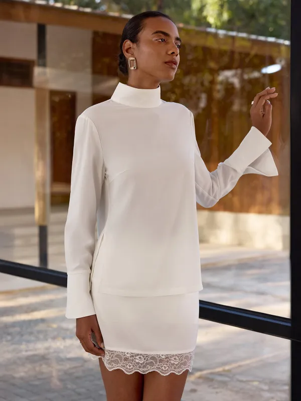 Mock Neck Blouse & Lace Trim Mini Skirt Set sold by COMMENSE