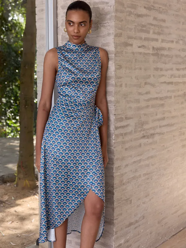 Scallop-Print Sleeveless Mock Neck Wrap Midi Dress made by COMMENSE