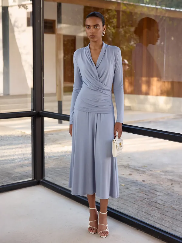 Draped Wrap Top & Midi Skirt Set sold by COMMENSE