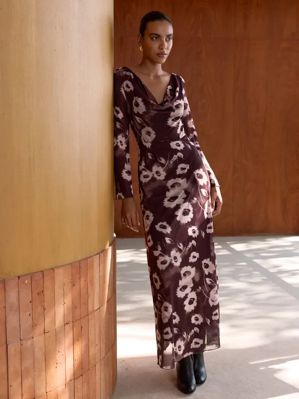 Floral Print Mesh Cowl Neck Maxi Dress sold by COMMENSE