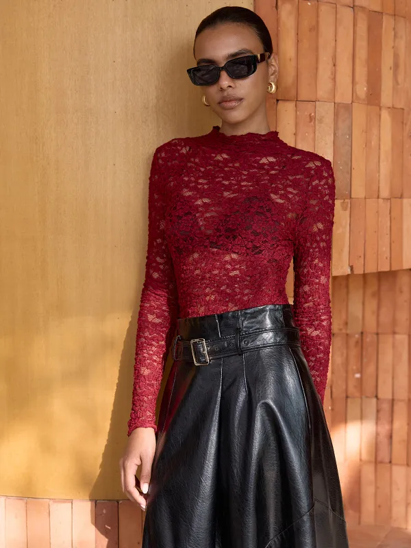 Long-Sleeve Sheer Lace Top sold by COMMENSE