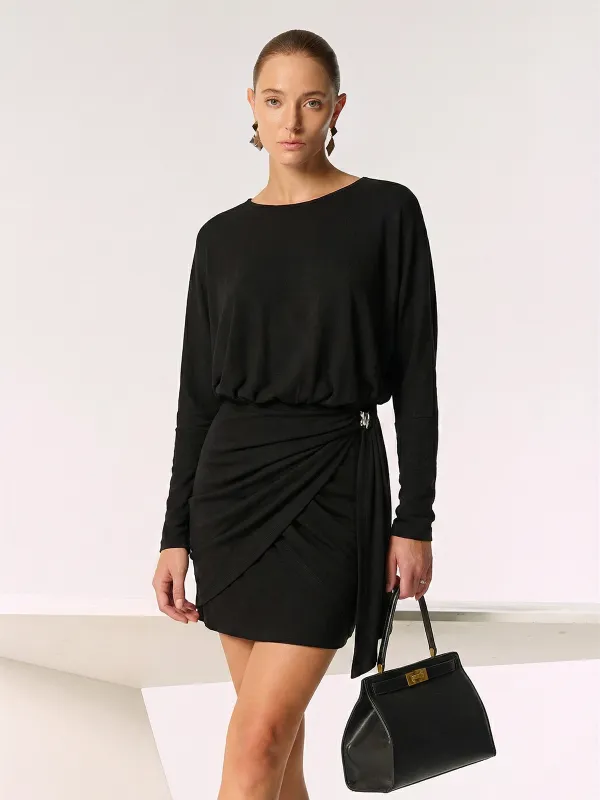 Metal Buckle Batwing Sleeve Ruched Mini Dress sold by COMMENSE