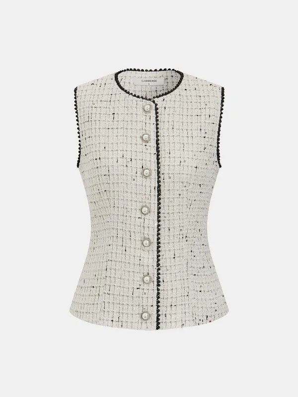 Contrast Trim Pearl Button Tweed Sleeveless Vest sold by COMMENSE