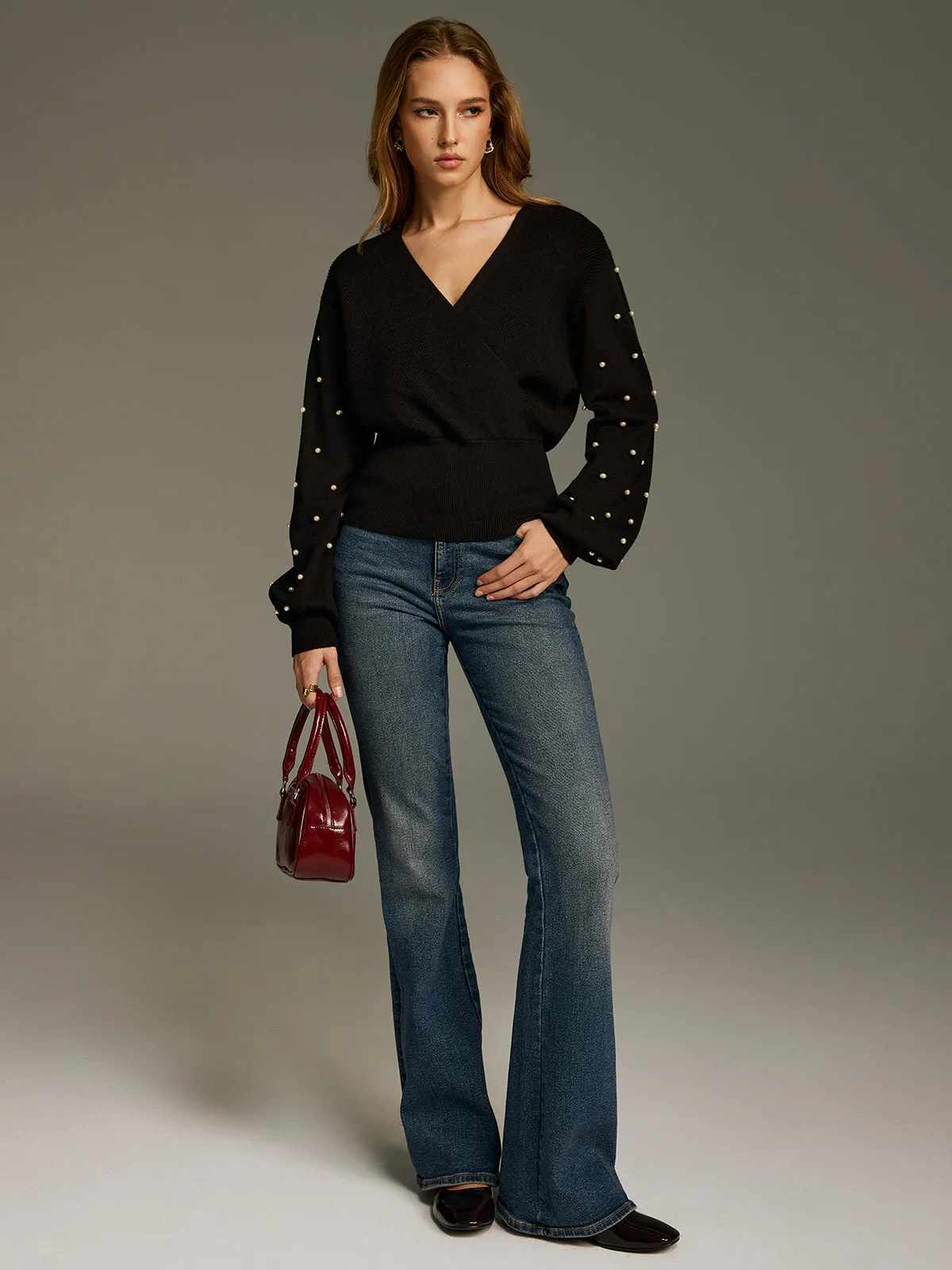 V-Neck Pearl Embellished Sweater sold by COMMENSE product image thumbnail 2