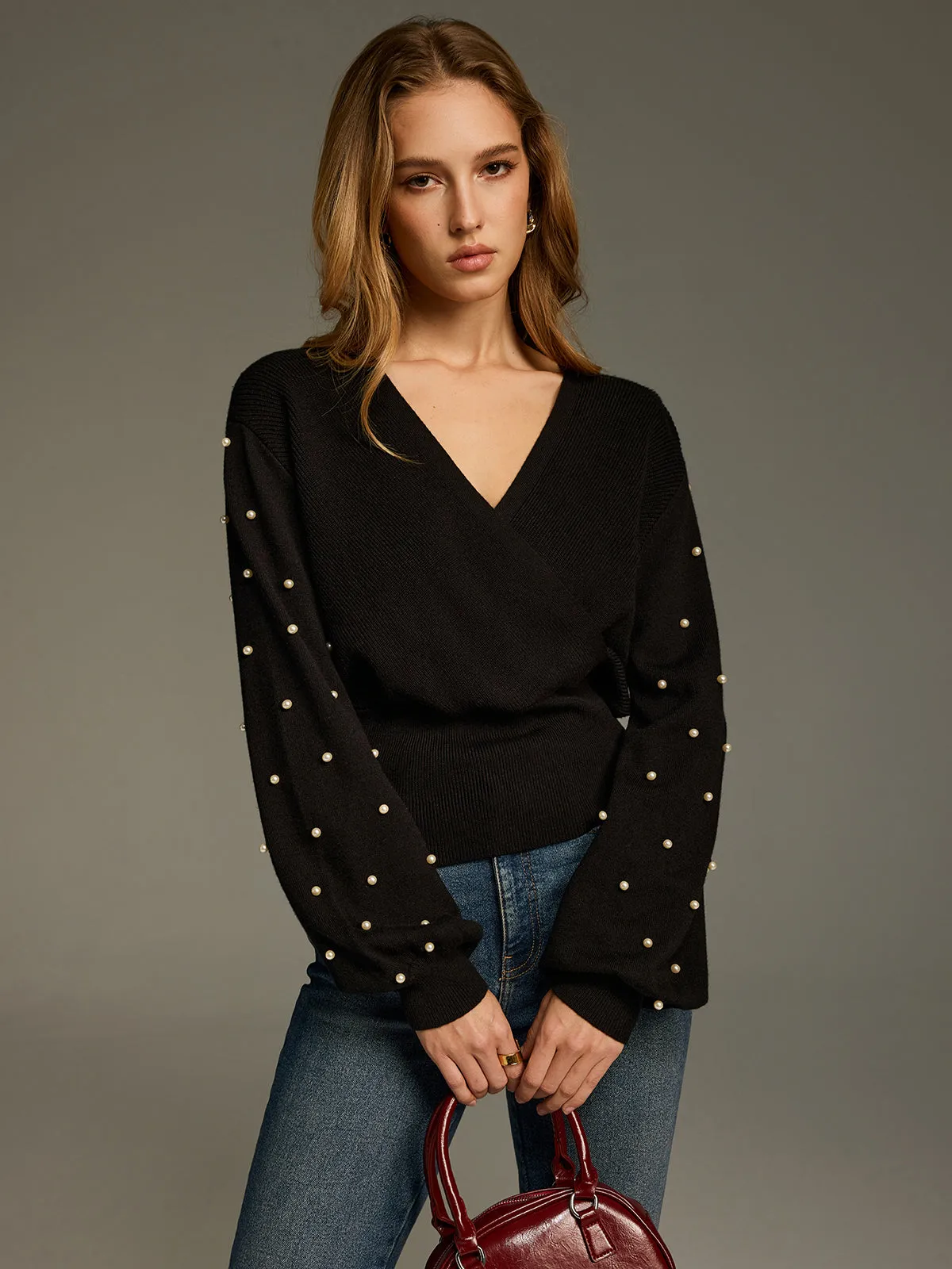 V-Neck Pearl Embellished Sweater sold by COMMENSE product image thumbnail 3