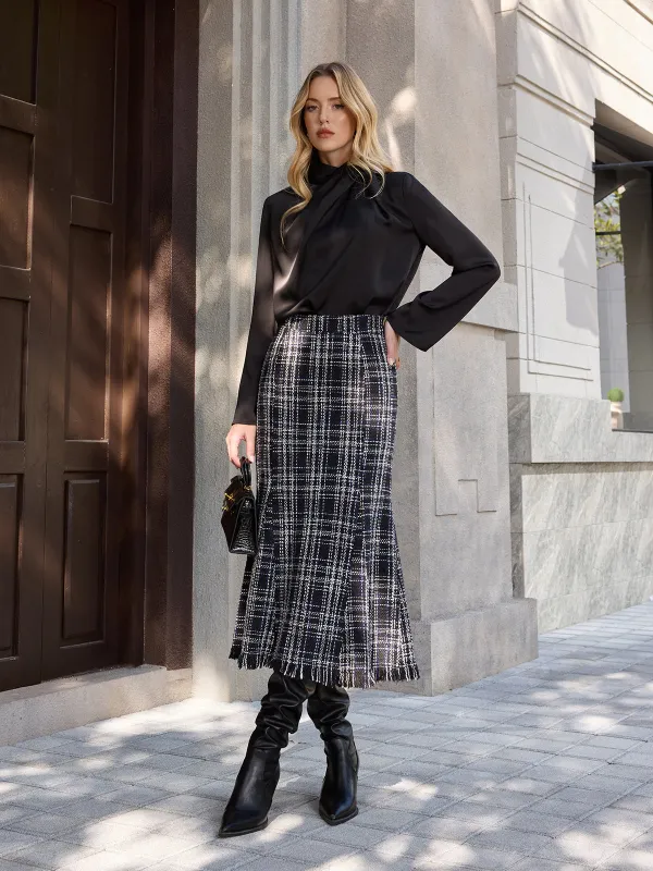 Tweed Plaid Fringe Midi Skirt sold by COMMENSE