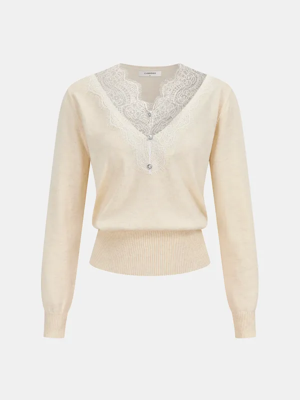 Lace Panel Rhinestone Wool Blend Sweater sold by COMMENSE