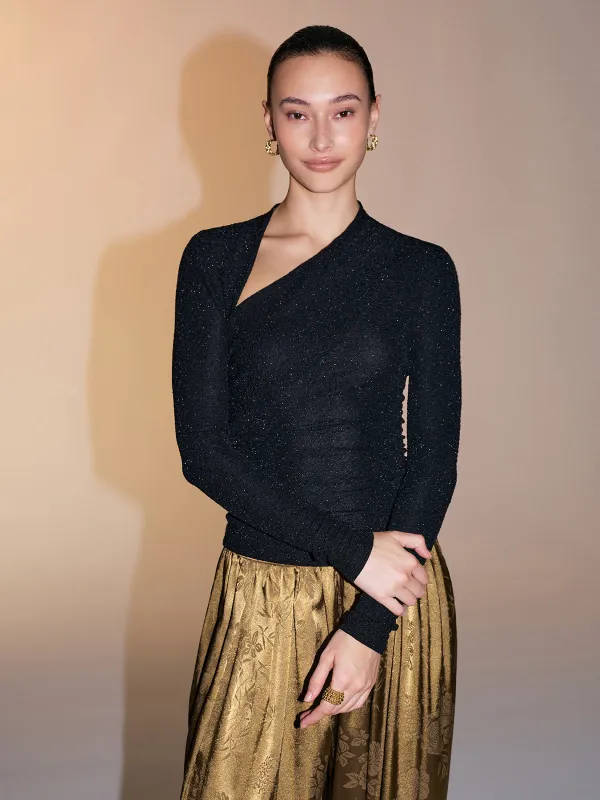 Asymmetric Neckline Sparkle Knit Top sold by COMMENSE