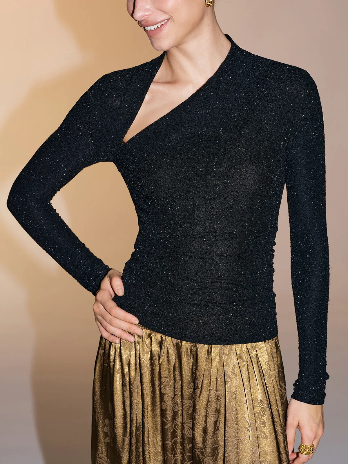 Asymmetric Neckline Sparkle Knit Top sold by COMMENSE product image thumbnail 2