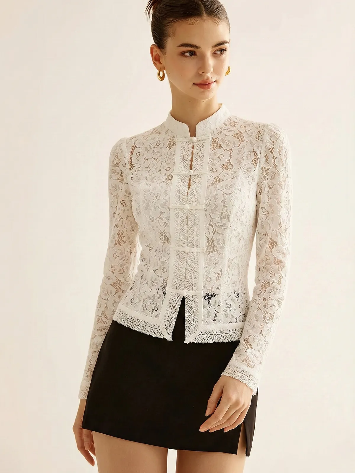 Frog Closure Lace Mandarin Collar Blouse sold by COMMENSE