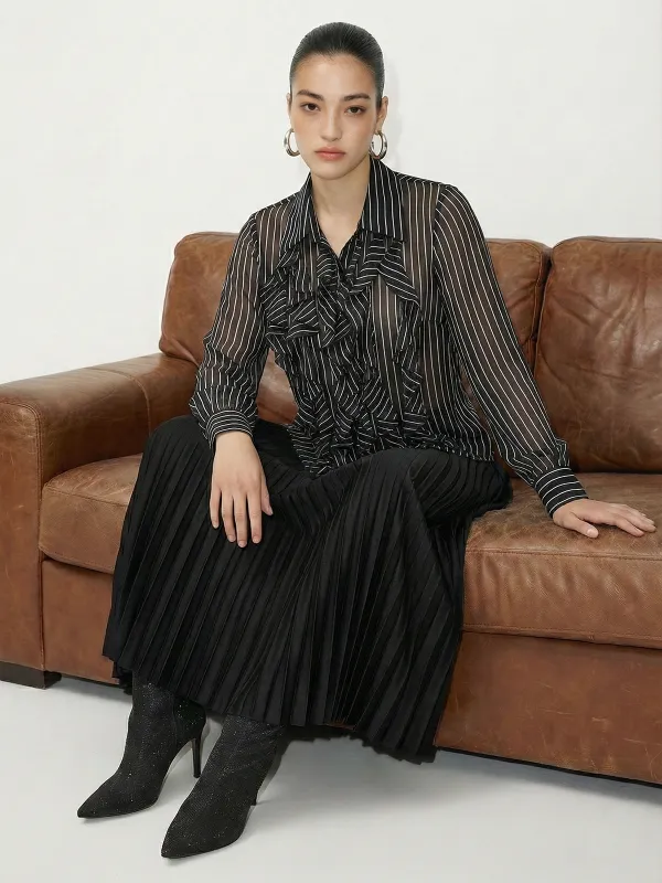 Ruffle Detail Semi-Sheer Striped Blouse sold by COMMENSE