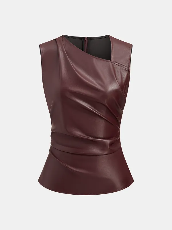 Asymmetric Neckline Ruched Faux Leather Top made by COMMENSE