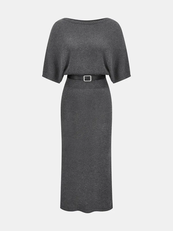Batwing Sleeve Belted Knit Midi Dress sold by COMMENSE