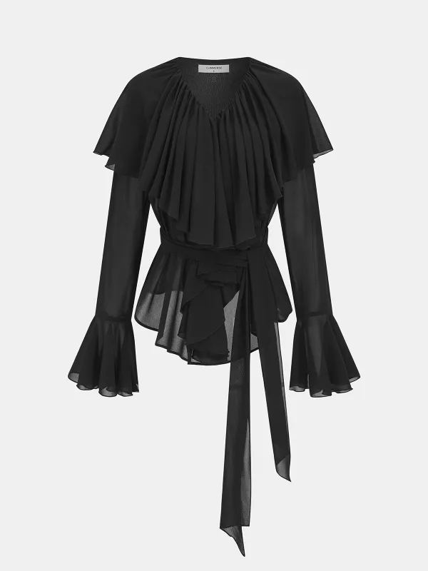 Semi-Sheer Belted Chiffon Ruffled Blouse sold by COMMENSE