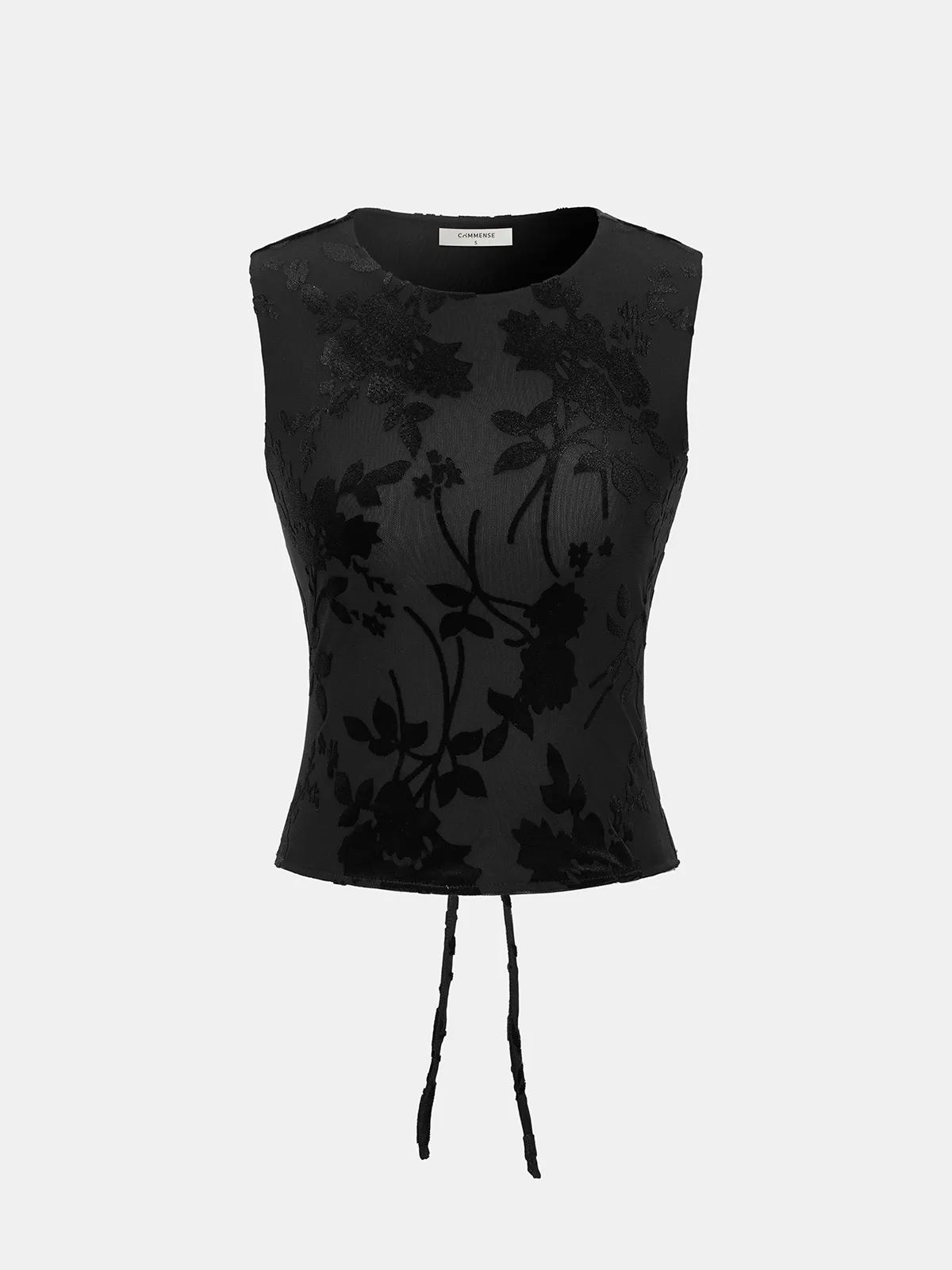 Flocked Floral Tie-Back Mesh Sleeveless Top sold by COMMENSE