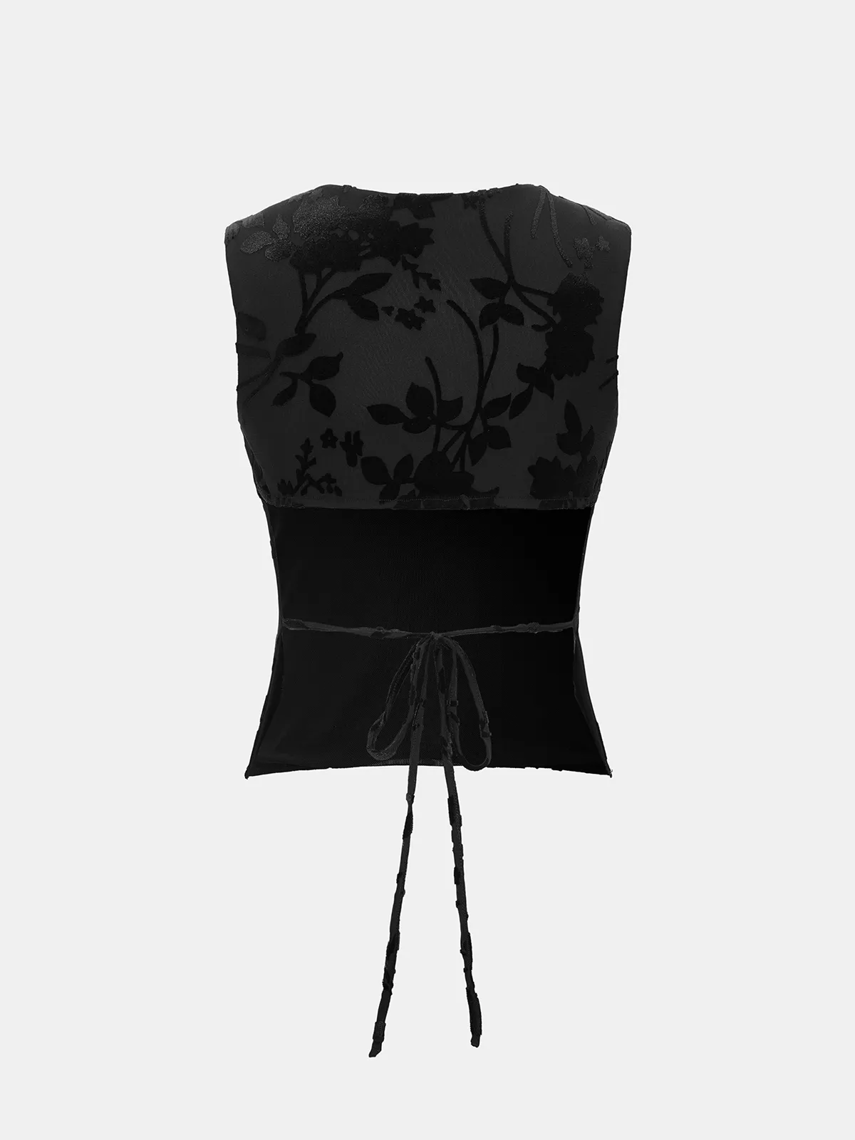 Flocked Floral Tie-Back Mesh Sleeveless Top sold by COMMENSE product image thumbnail 2