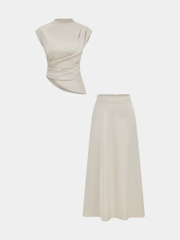 Satin Asymmetric Ruched Top & Midi Skirt Set sold by COMMENSE