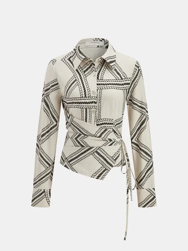 Abstract-Print Wrap-Tie Long-Sleeve Shirt sold by COMMENSE