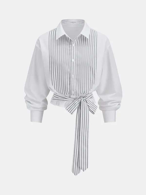 Striped Tie-Waist Cropped Shirt made by COMMENSE