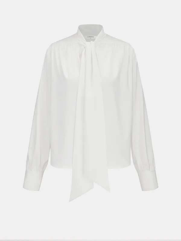 Semi-Sheer Satin Tie-Neck Long-Sleeve Blouse sold by COMMENSE