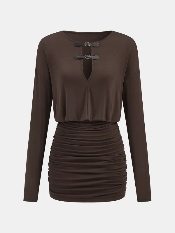 Buckle Detail Ruched Long-Sleeve Mini Dress sold by COMMENSE