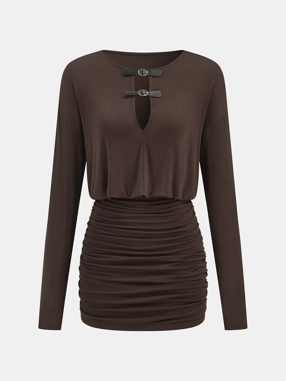 Buckle Detail Ruched Long-Sleeve Mini Dress sold by COMMENSE