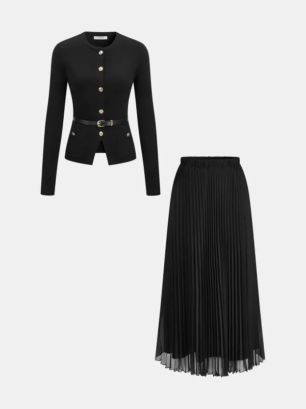 Belted Metal Button Top & Pleated Skirt Set sold by COMMENSE