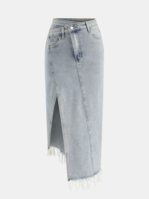 Asymmetric Denim Fringe Midi Skirt sold by COMMENSE