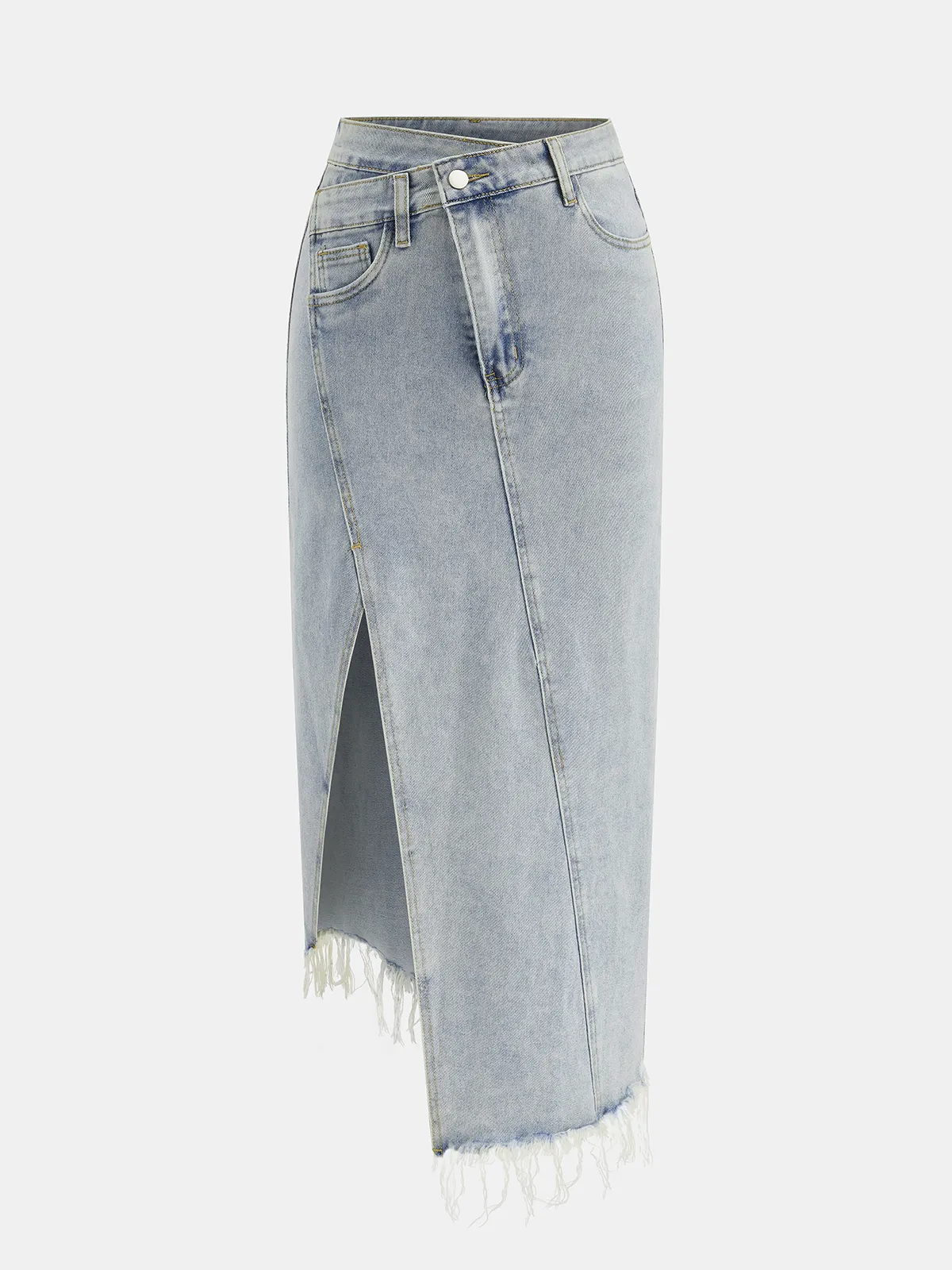 Asymmetric Denim Fringe Midi Skirt sold by COMMENSE