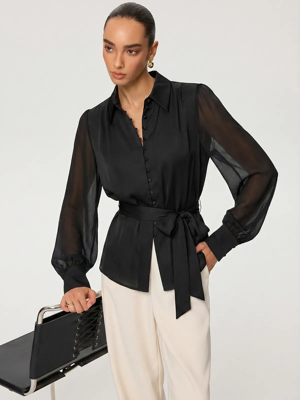 Sheer Long Sleeve Tie-Waist Satin Shirt sold by COMMENSE