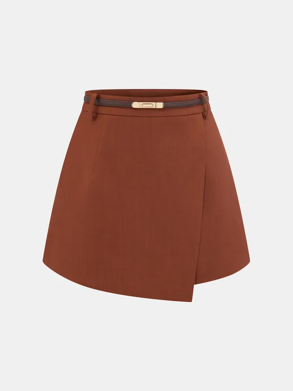 Belted Asymmetric Mid-Waist Skort sold by COMMENSE