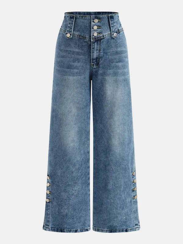 Button Detail High-Waist Wide-Leg Jeans sold by COMMENSE