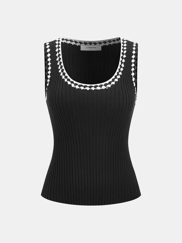 Crocheted Contrast Trim Ribbed Knit Tank Top sold by COMMENSE