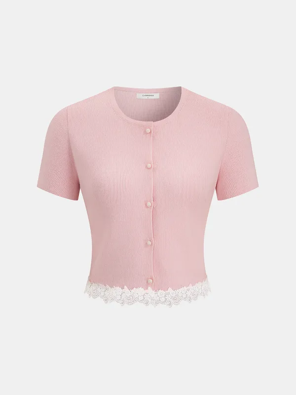 Ribbed Lace-Trim Short-Sleeve Cardigan made by COMMENSE