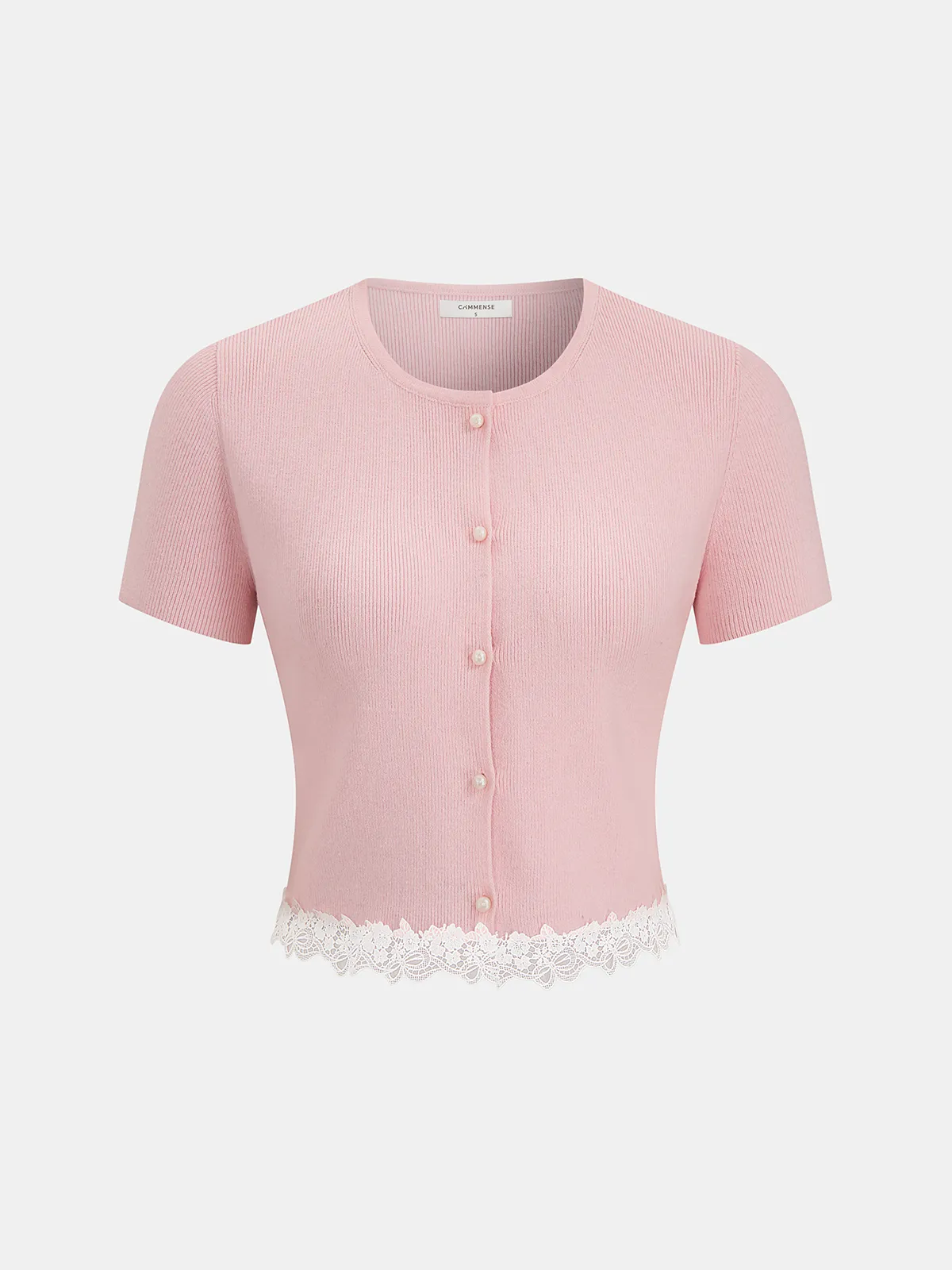 Ribbed Lace-Trim Short-Sleeve Cardigan sold by COMMENSE