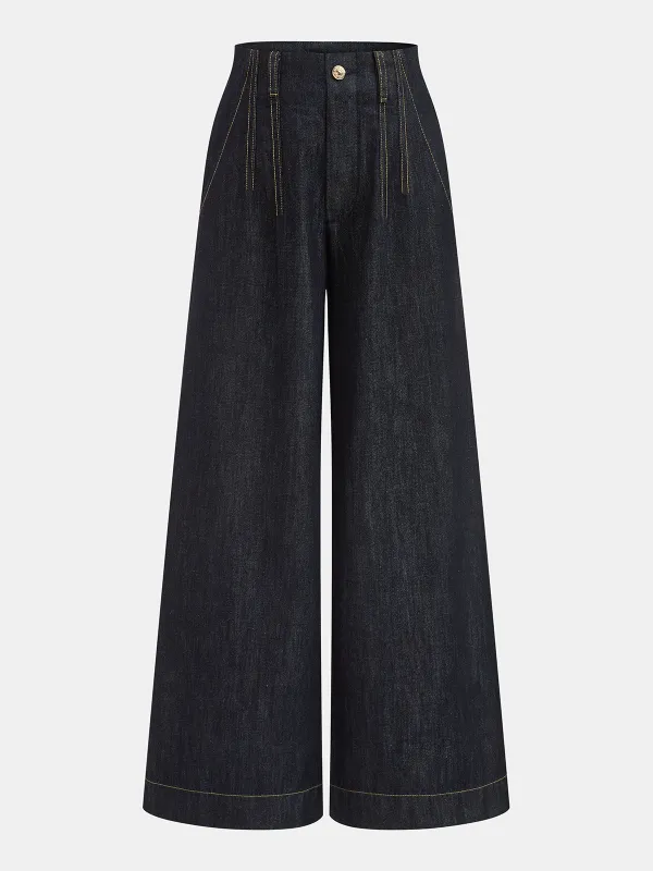 Contrast Stitch High-Waisted Wide-Leg Jeans sold by COMMENSE
