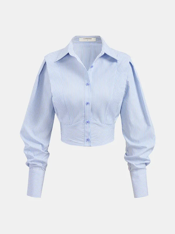 Striped Cinched Waist Cropped Shirt sold by COMMENSE