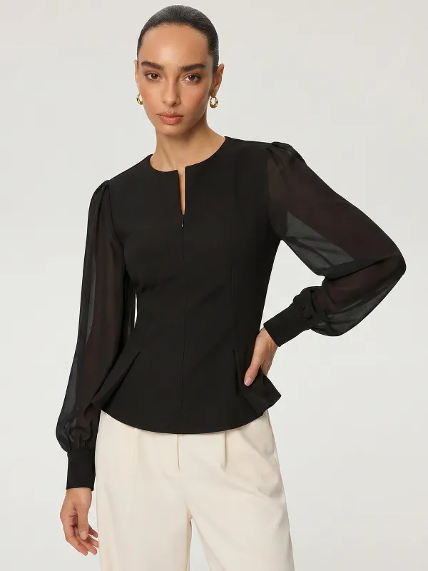 Sheer Sleeve Peplum Zipper Keyhole Neck Blouse made by COMMENSE