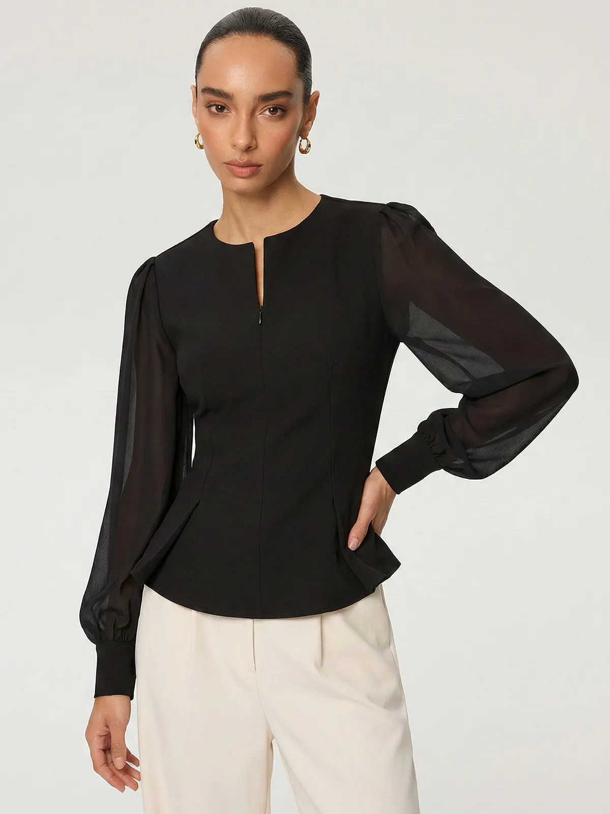 Sheer Sleeve Peplum Zipper Keyhole Neck Blouse sold by COMMENSE