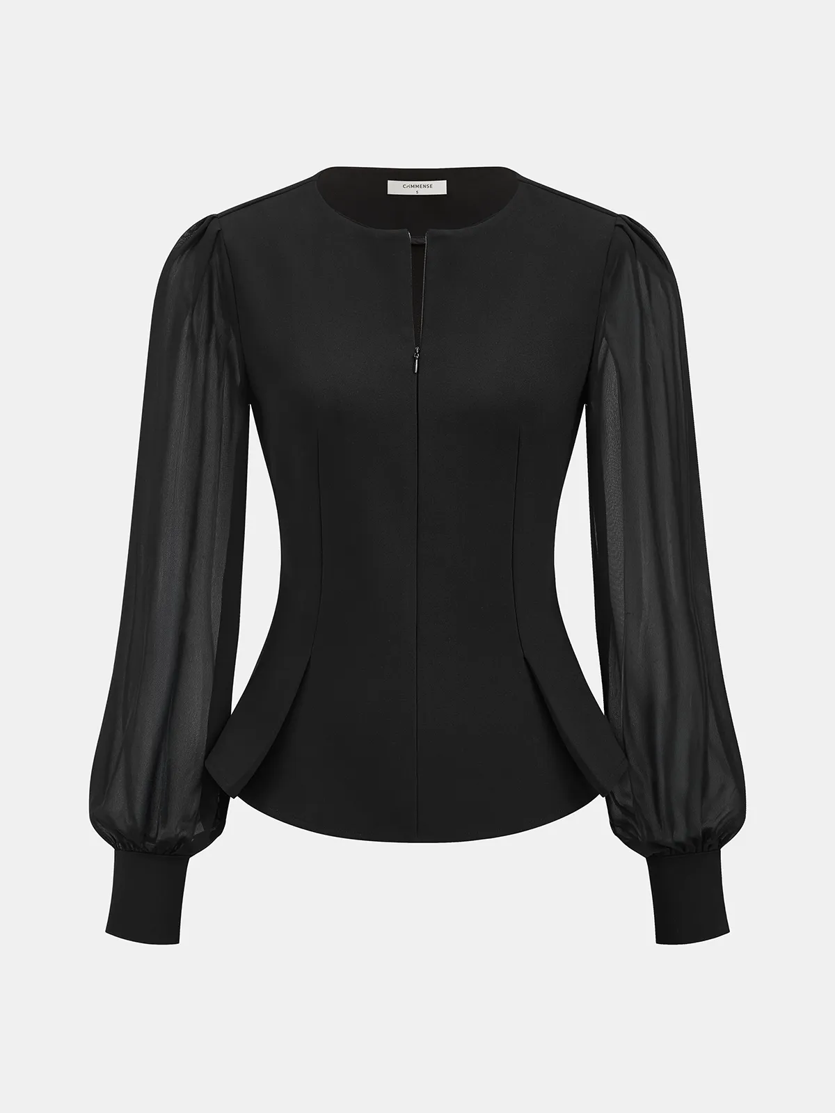 Sheer Sleeve Peplum Zipper Keyhole Neck Blouse sold by COMMENSE product image thumbnail 2