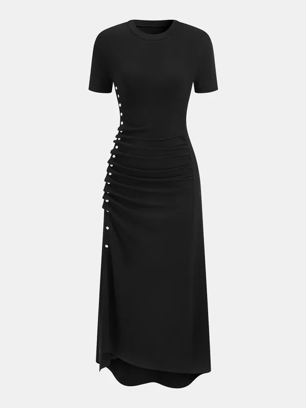 Short-Sleeve Ruched Side Button Detail Dress made by COMMENSE